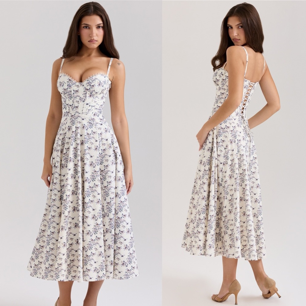 House of CB Steffani Cream stretch cotton floral print midi sundress size S A-C - Picture 3 of 10